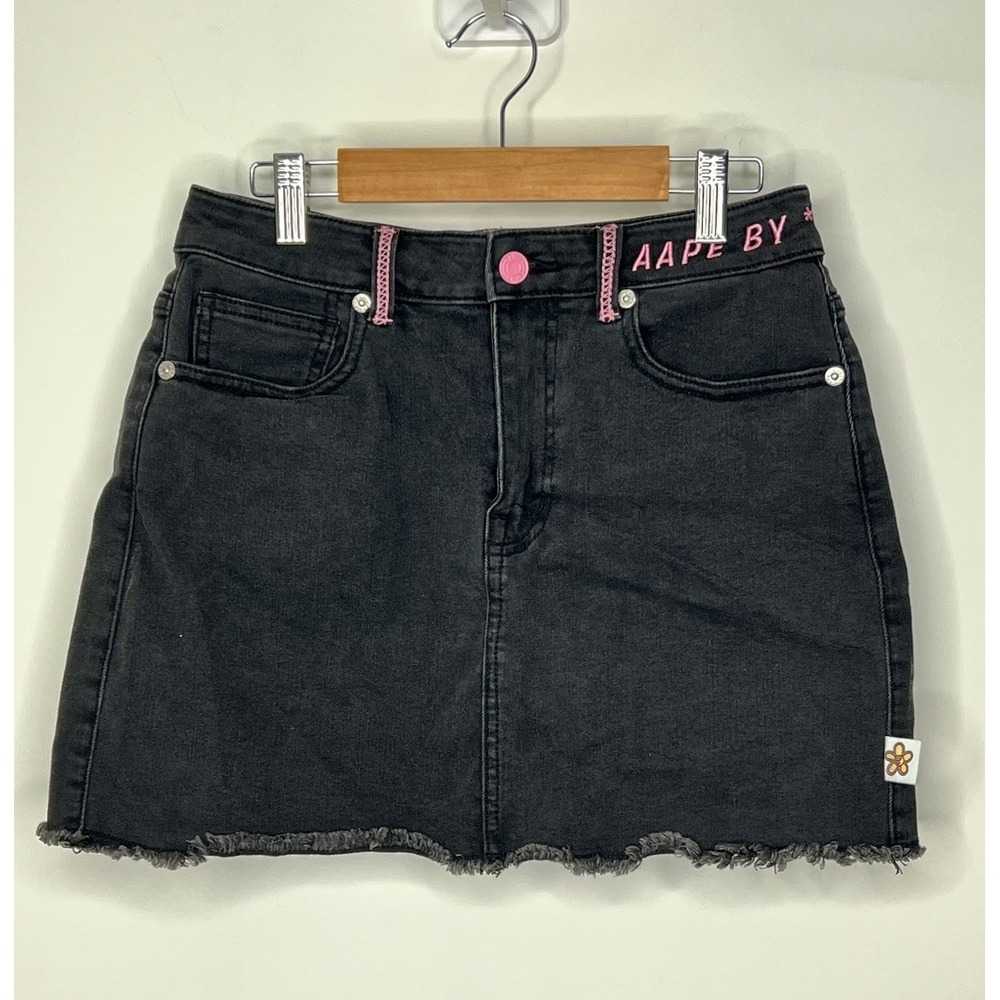 Aape By A Bathing Ape Denim Mini Skirt Womens XS Black Denim Fringe Y2K Retro